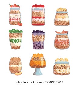 Set Oatmeal Desserts in Glass Jars and Cups. Healthy Organic Food, Oat Breakfast, Nutritious Granola and Flakes with Milk, Yoghurt, Berries Isolated on White Background. Cartoon Vector Illustration