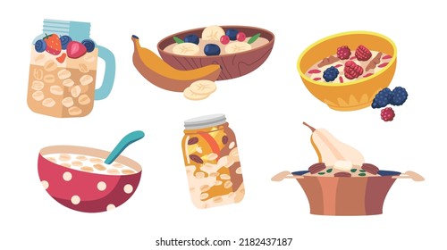 Set Oatmeal Healthy Breakfast, Bowl with Porridge and Spoon, Cereal Granola, Muesli Flakes With Fruits, Milk, Yogurt, Berries. Oat Meal Food with Different Ingredients. Cartoon Vector Illustration