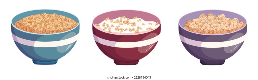 El establecimiento sirve un desayuno saludable con Oatfood, bolas con avena, granola de cereales, lagos muesli con leche o yogur. Comida de avena, Nutrición saludable aislada de fondo blanco. Ilustración del vector de dibujos animados