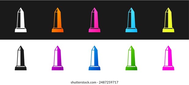 Set Obelisk of Alexandria icon isolated on black and white background. Stone monument. Historical monument. High pillar memorial and column.  Vector