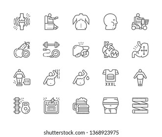 Set of Obesity and Overweight Line Icons. Fat Face, Junk Food, Diet, Visceral Fat, Joint Pain, Thick Sides, Heart Attack, Distended Stomach and more. Pack of 48x48 Pixel Icons