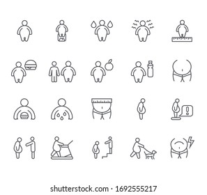 Set of obesity Related Vector Line Icons. Includes such Icons as health, obesity, overweight, weight loss, diet, fat man and more.
