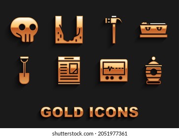 Juego de Obituarios, Coffin con muertos, Funeral urn, Beat monitor, Shovel, Hammer, Skull y Cemetery caved Grave hole icon. Vector