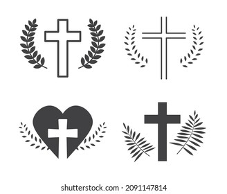 set of obituary ornaments, cross, heart and leaves- vector illustration