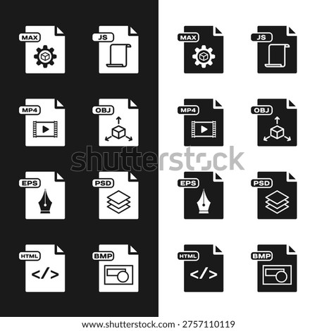 Set OBJ file document, MP4, MAX, JS, EPS, PSD, BMP and HTML icon. Vector