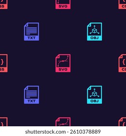Set OBJ file document, TXT and CSS on seamless pattern. Vector