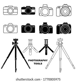 Set object of Camera and Tripod or camera holder vector illustration. perfect template for photography design.