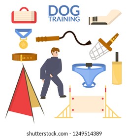 Set object of dog sport. Training equipment. Obedience. Vector flat illustration