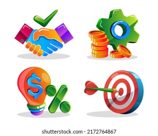 Set of object element about handshake, gear, money, idea, light blub, discount and target in business concept, drawing in cartoon style for graphic design, vector illustration