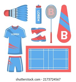 Set of object element of badminton training and competition with racket, court, shoes, shuttlecock, racquet and uniform, Vector illustration