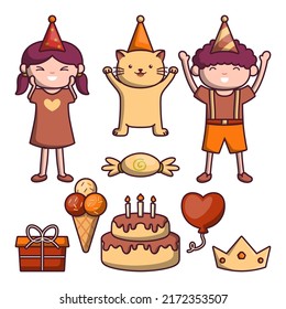 Set of object element for birthday party with balloon, flag, cake, candy, hat, and present box in cartoon style, vector illustration