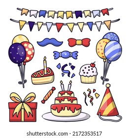 Set of object element for birthday party with balloon, flag, cake, candy, hat, and present box in cartoon style, vector illustration