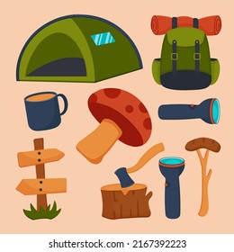 Set of object element for camping concept with camping tent, backpack, map,  in cartoon style, vector illustration