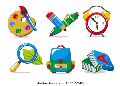 Set of object element of education and stationery equipment in cartoon style, vector illustration