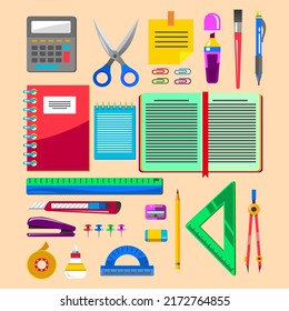 Set of object element of education and stationery equipment in cartoon style, vector illustration