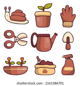 Set of object element with garden or farm equipment in cartoon style isolated on white background