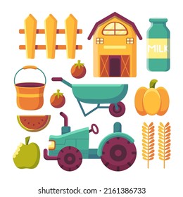Conjunto de elementos de objeto con equipo de jardín o granja, fruta, calabaza, carrito, producto, tractor y otros en forma de dibujos animados aislados sobre fondo blanco
