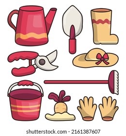 Set of object element with garden or farm equipment, hat, boots, gloves, watering can and other in cartoon style isolated on white background