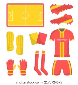 Juego de objetos del portero en entrenamiento de fútbol y competencia con tarjeta amarilla y roja, soporte de rodilla, guantes atletas, zapatos, pelota, uniforme de cancha y fútbol, Ilustración vectorial