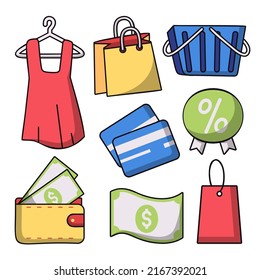 Set of object element for shopping concept in cartoon style, vector illustration