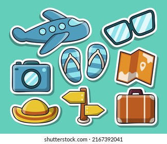 Conjunto de elementos objeto para viajar en vacaciones de verano en la playa en estilo de dibujos animados, ilustración vectorial