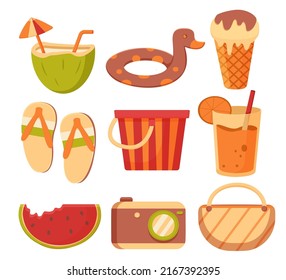 Set of object element for travel on summer vacation on the beach in cartoon style, vector illustration