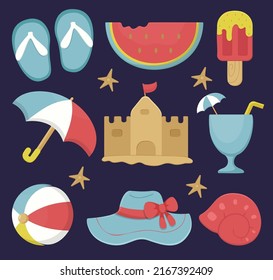 Set of object element for travel on summer vacation on the beach in cartoon style, vector illustration