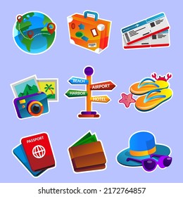 Conjunto de elementos objeto viajar fuera del mar en vacaciones, conjunto de iconos para diseño gráfico vacaciones en estilo de dibujos animados, ilustración vectorial