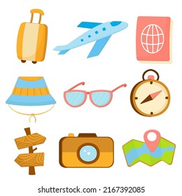 Set of object element for travel with suitcase, passport, map, camera, wallets, sunglasses and airplane  in cartoon character, vector illustration