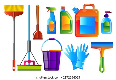 Set of object element for use in house cleaning concept, Cleaning equipment for cleaning professional, drawing in cartoon style, vector illustration
