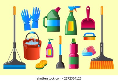 Set of object element for use in house cleaning concept, Cleaning equipment for cleaning professional, drawing in cartoon style, vector illustration