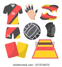 Set of object element of volleyball training and competition with yellow and red card, knee support, athlete finger thimble, shoes, ball, court and volleyball uniform, Vector illustration