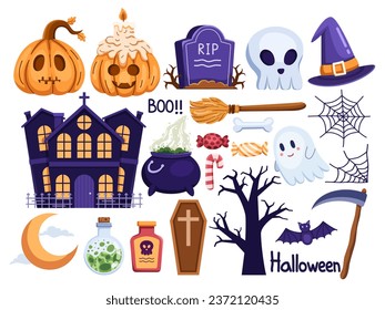 Set object elements Halloween vector illustration, from spooky houses to pumpkins, gravestones, a witch's pot, etc. This collection is perfect for creating eerie and festive Halloween graphics.