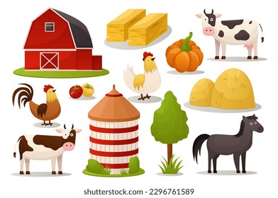 Set of object in farm. A set of flat cartoon designs featuring various objects commonly found on a farm, such as a barn, tractor, haystack. Vector illustration.