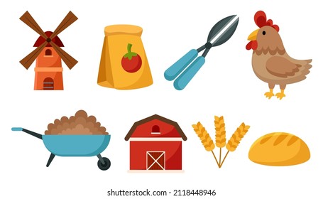 Set of object in farm with hen  and equipment for for growing crops and raising animal in cartoon character, vector illustration