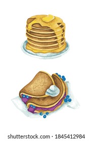 Set of object hand drawn watercolor isolated on the white background pancake butter and pancake berries. vector illustration