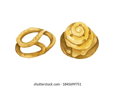 Set of object hand drawn watercolor isolated on the white background pretzel and cinnamond roll. vector illustration
