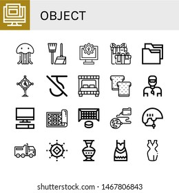 Set of object icons such as News, Jellyfish, Broom, Computer, Wedding gift, Folder, Clock, Do not use hook, Bed, Toast, Trainer, Carpet, Hockey goal, Global network, Helmet , object