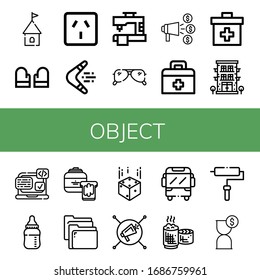 Set of object icons. Such as Tower, Gloves, Socket, Boomerang, Sewing machine, Sunglasses, Announce, First aid kit, Hotel, Svg, Baby bottle, Peanut butter, Folders , object icons svg