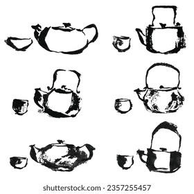 Un conjunto de objetos para herramientas de cocina con tetera y tazas de té. Vector de trazo de pincel chino. Textura acuarela al estilo japonés. 