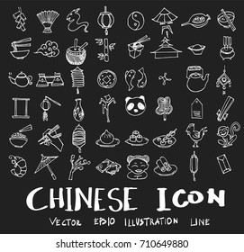 set of object related to Chinese doodle style on chalkboard