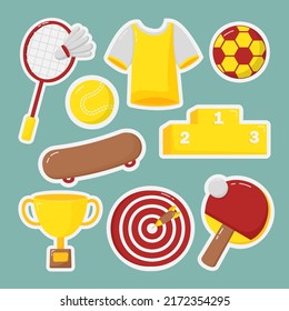 Set of object sport equipment for exercise with badminton, soccer, skateboard, table tennis, darts, podium and trophy drawing in cartoon style, vector illustration