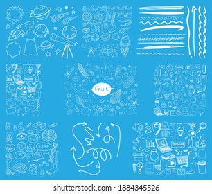 Set of object and symbol hand drawn doodle on blue background illustration