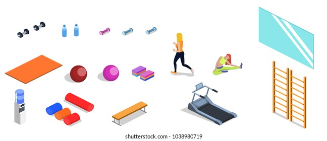 Set of object yoga and pilates, people are doing sports isometric 3D vector illustration