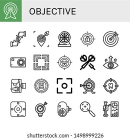 Set of objective icons such as Target, Focus, Darts, Compact camera, Home movie camera, Amateur camera , objective