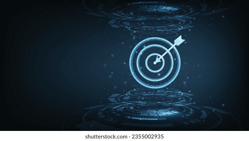 Set up objectives and targets for business investment concepts. The blue round-shaped target consisting of polygons with a thin arrow represents setting goals correctly on a dark background.