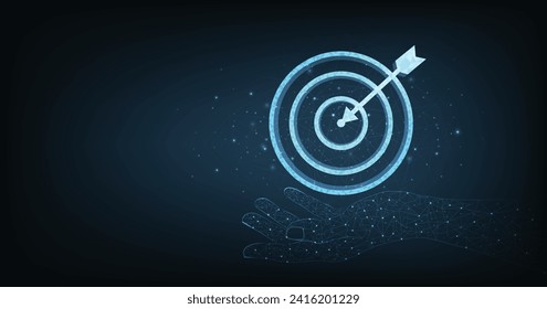 Set up objectives and targets for business investment concepts. The blue round-shaped target consisting of polygons with a thin arrow represents setting goals correctly on a dark background