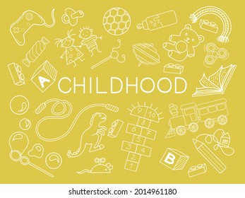 Set with objects about childhood. Isolated on yellow fon. Toys, constructor, pencil, drawings, cubes, bubbles, train, rainbow, mouse, candy, joystick, ball. Vector illustration, book. Children life.