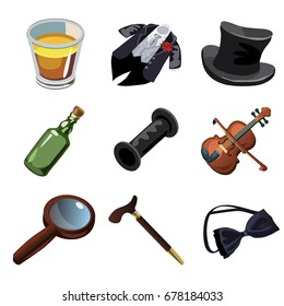 Set of objects, accessories and attributes of gentleman isolated on white background. Whiskey glass, top hat or cylinder, violin, magnifying glass, walking stick. Vector cartoon close-up illustration.