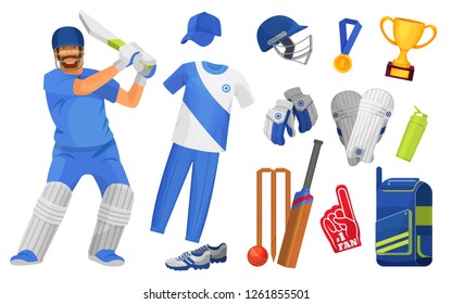 Set of objects and accessories for cricket sport. Classic uniform, cricket characters equipped players, awards, trophies, equipment protection, attributes, bit, ball and goal. Vector illustration.